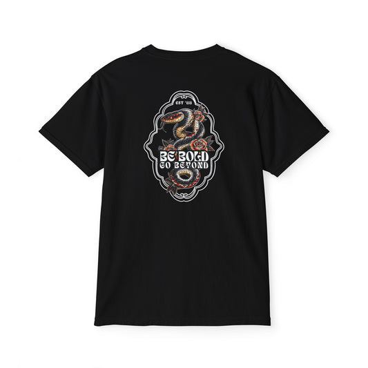 Be Bold Go Beyond Unisex Pocket T-Shirt - Artistic Black Tee for Adventurers